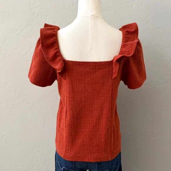 Madewell Ruffle Sleeve Top Rust Orange Square Neck Textured S - Picture 4 of 12